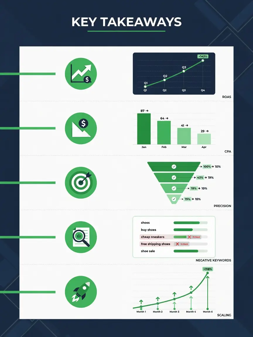 Infographic summarizing google ads management services key takeaways for maximizing ROAS and lowering CPA