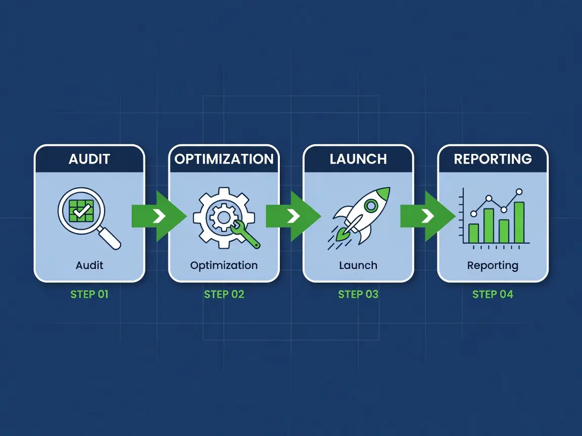Process flow diagram of Google Ads management services steps from audit to reporting