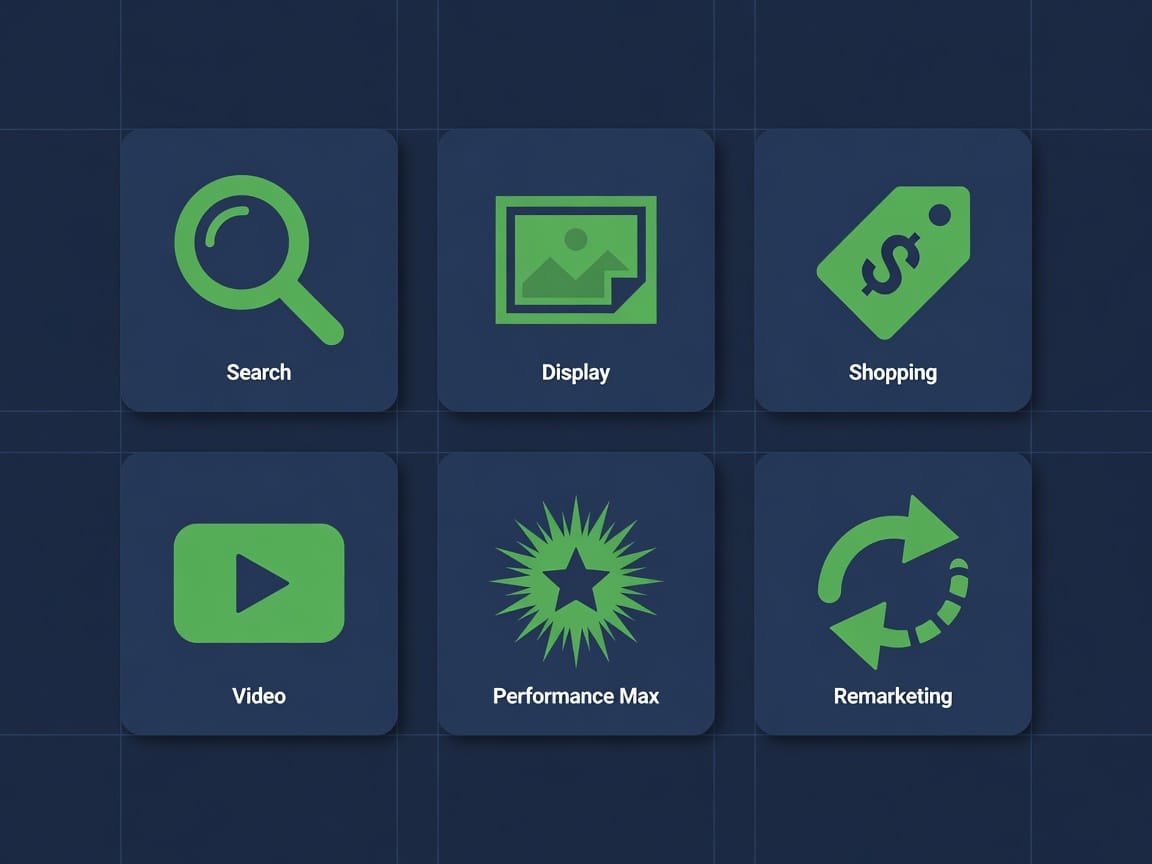 Grid infographic of Google Ads campaign types managed by professional services
