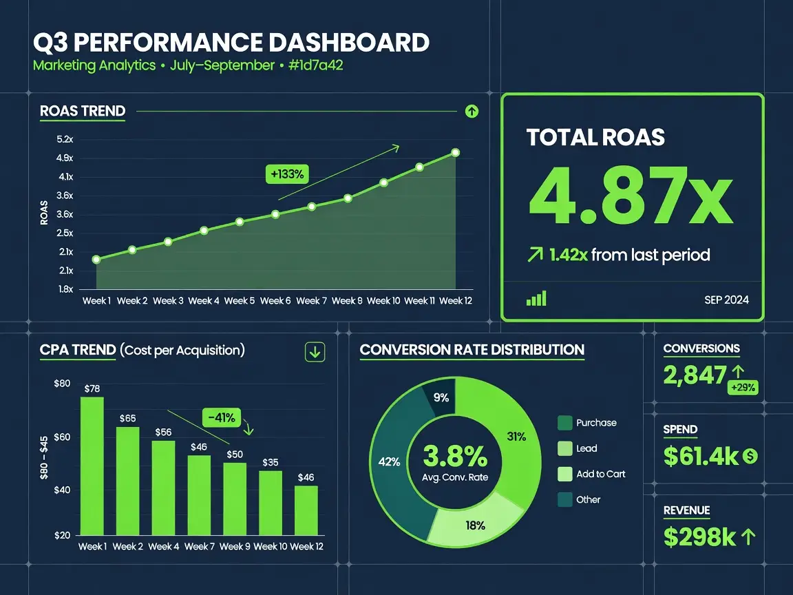 Dashboard infographic showing expected results from Google Ads management services with charts and KPIs